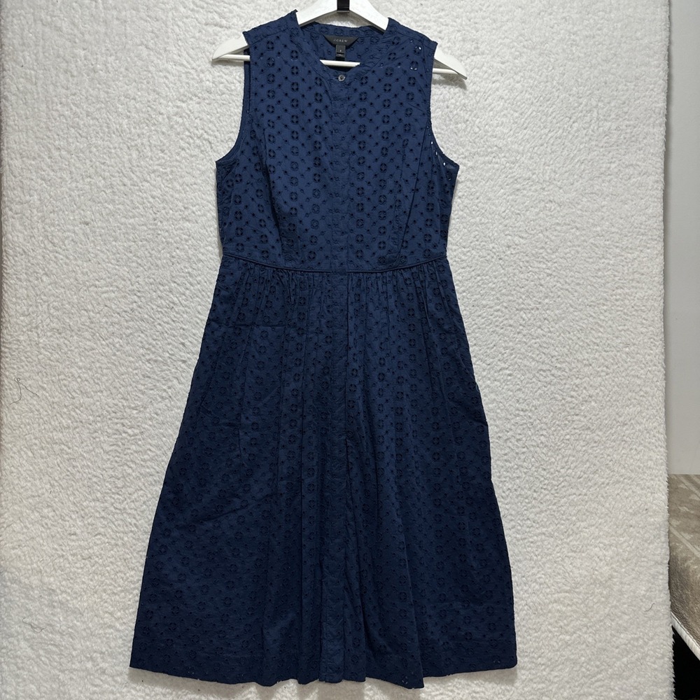 J.Crew Eyelet Shirtdress Women's Size 8 Deep Navy Blue Sleeveless Round‎ Neck
